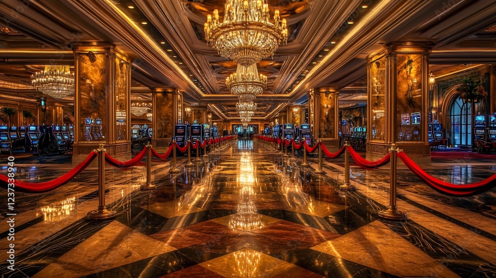 Obraz premium Opulent Casino Interior with Golden Pillars, Chandeliers and Rows of Slot Machines