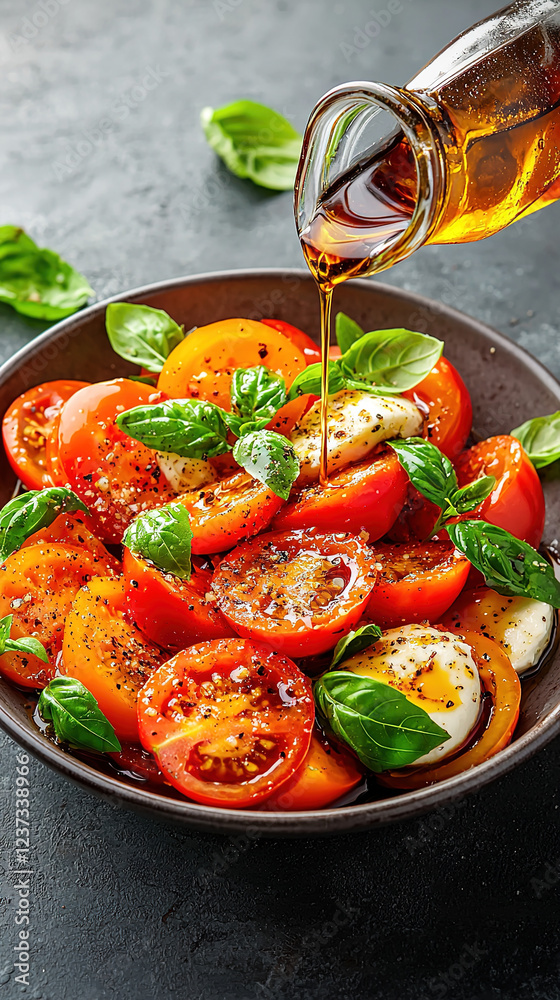 Fresh tomato and mozzarella salad with basil, drizzled with olive oil and balsamic vinegar, soft natural light in food photography
