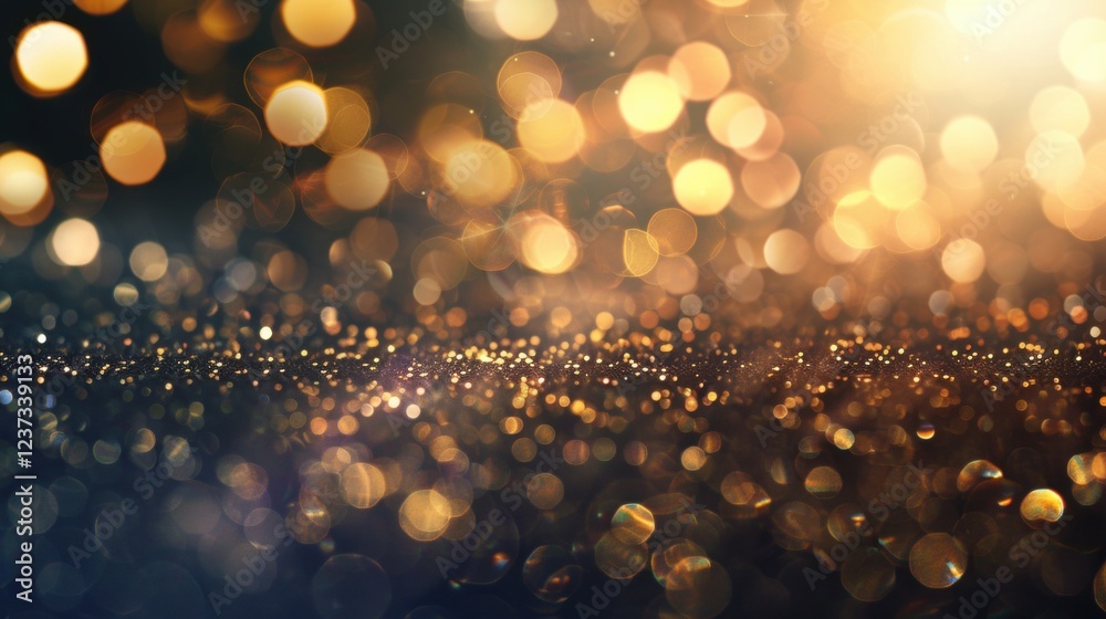 Sparkling gold glitter and soft bokeh lights blend together on a dark surface, perfect for adding elegance to any celebration or gathering Sparkling gold glitter and soft bokeh lights blend together on a dark surface, perfect for adding elegance to any celebration or gathering
