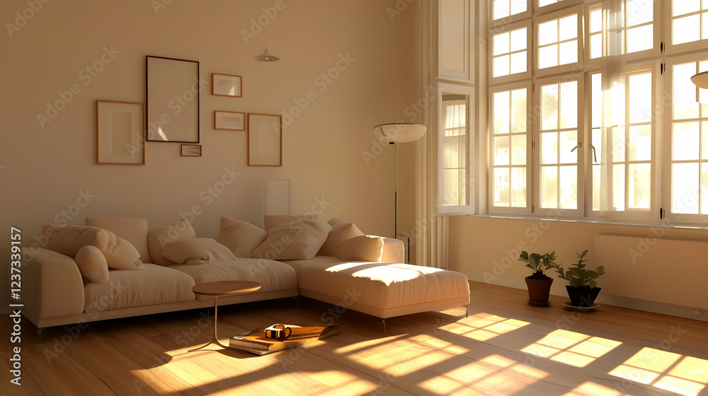 Fototapeta premium A sunlit living room with a cozy sofa, plants, and large windows creating a warm atmosphere.
