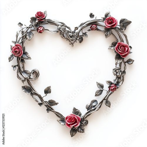 heart shaped silver frame with roses isolated in white
