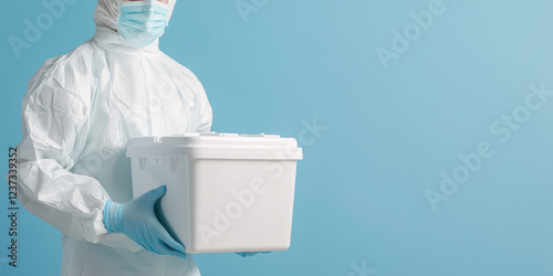 Medical worker in uniform carrying a cooler box for organ transport, concept of organ preservation and transplantation logistics