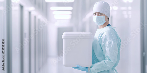 Medical worker in uniform carrying a cooler box for organ transport, concept of organ preservation and transplantation logistics