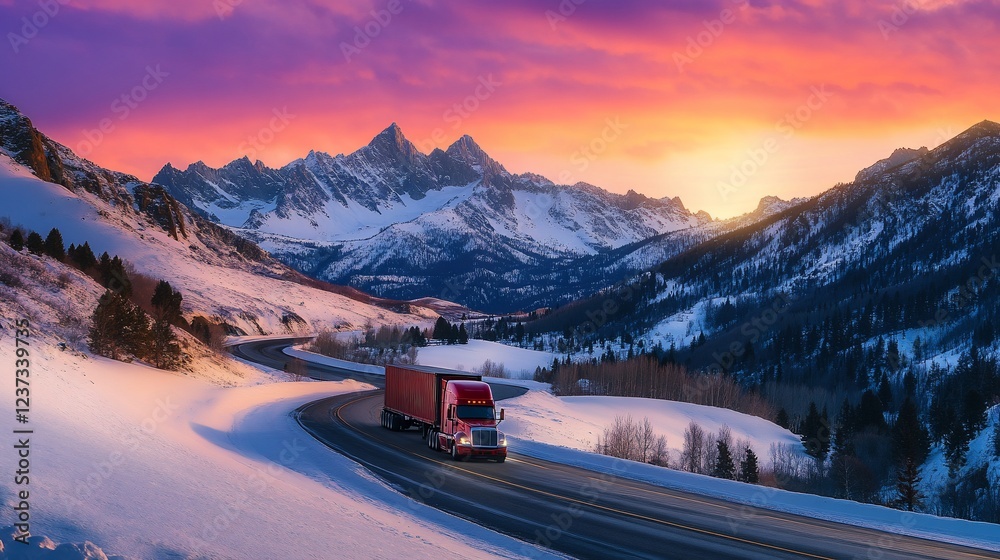 Truck drives through a snow covered mountain pass at a scenic sunrise in the mountains Truck drives through a snow covered mountain pass at a scenic sunrise in the mountains