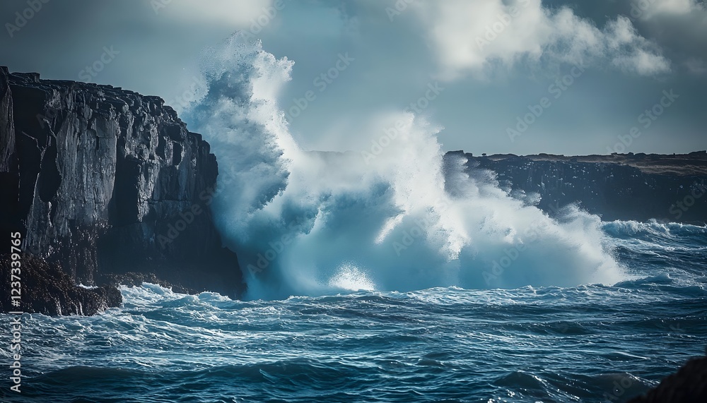 Fototapeta premium Powerful Ocean Waves Crashing Against Rugged Cliffs