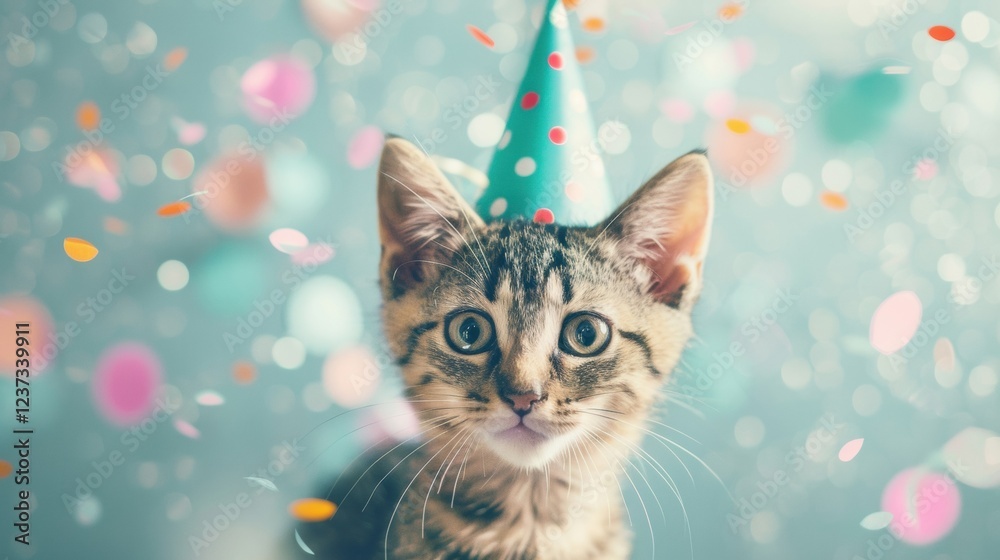 A playful kitten dons a vibrant party hat while colorful confetti floats around, creating a cheerful celebration atmosphere A playful kitten dons a vibrant party hat while colorful confetti floats around, creating a cheerful celebration atmosphere