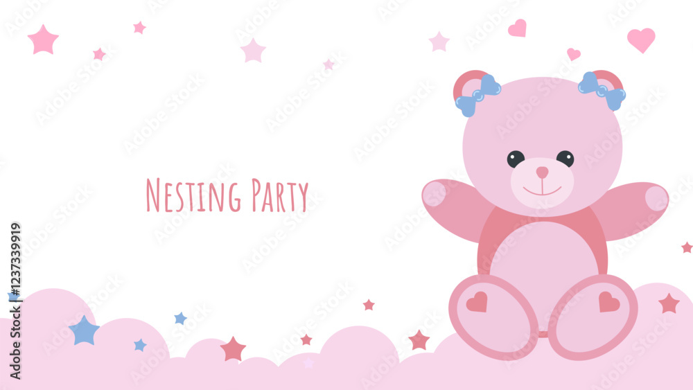 Nesting party banner honor of expectant parents. Pink teddy bear on cloud. Website poster design in pastel colors. Vector illustration. Nesting party banner honor of expectant parents. Pink teddy bear on cloud. Website poster design in pastel colors. Vector illustration.