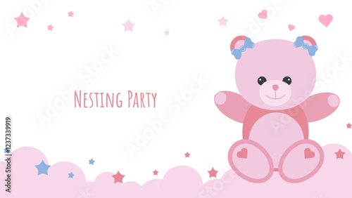 Nesting party banner honor of expectant parents. Pink teddy bear on cloud. Website poster design in pastel colors. Vector illustration.