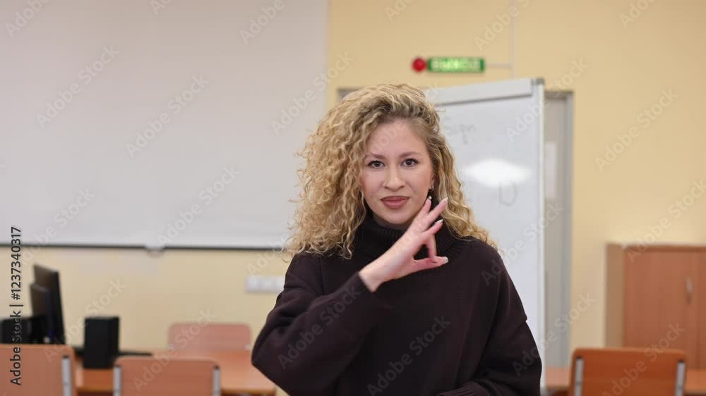 Caucasian woman teaches sign language at university. 
