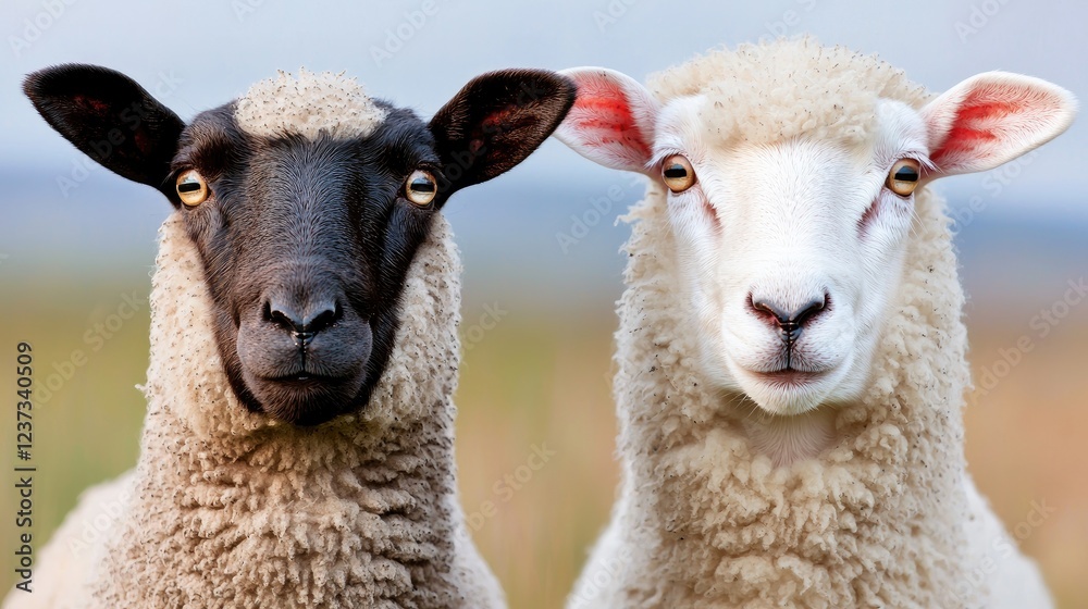 Obraz premium Two sheep, facing forward, pasture background, farm animals