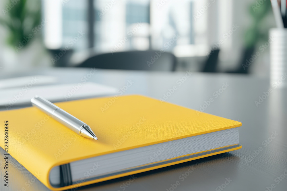 yellow notebook and silver pen on wooden table in modern office setting, conveying sense of creativity and productivity yellow notebook and silver pen on wooden table in modern office setting, conveying sense of creativity and productivity
