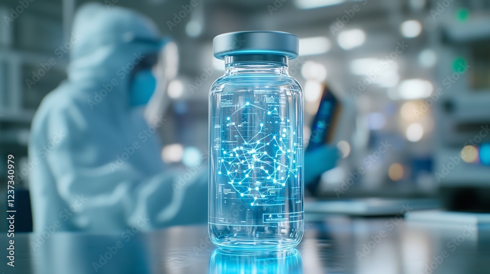 Glowing molecular structure inside glass vial, scientific researcher analyzing research in sterile laboratory environment, wearing protective hazmat gear Glowing molecular structure inside glass vial, scientific researcher analyzing research in sterile laboratory environment, wearing protective hazmat gear