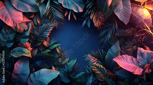Tropical leaves frame, dark background, vibrant colors, design template.