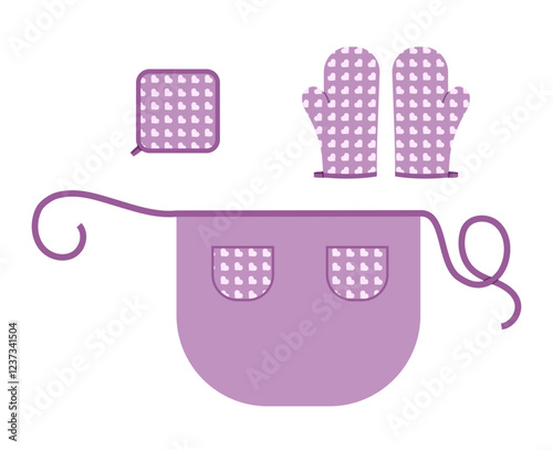 Set of Apron, Oven Gloves and potholder purple cartoon heart pattern Fashion accessory clothing technical illustration garment. Vector for Men, women, unisex style flat template on white background