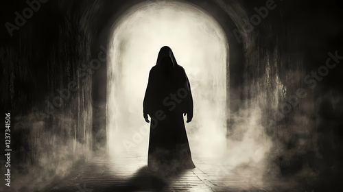 Silhouette of a monochrome hooded mysterious person walking in the darkness of a long tunnel moody lighting, eerie mist backlit figure dramatic atmospheric. Moody Monochrome. Illustration