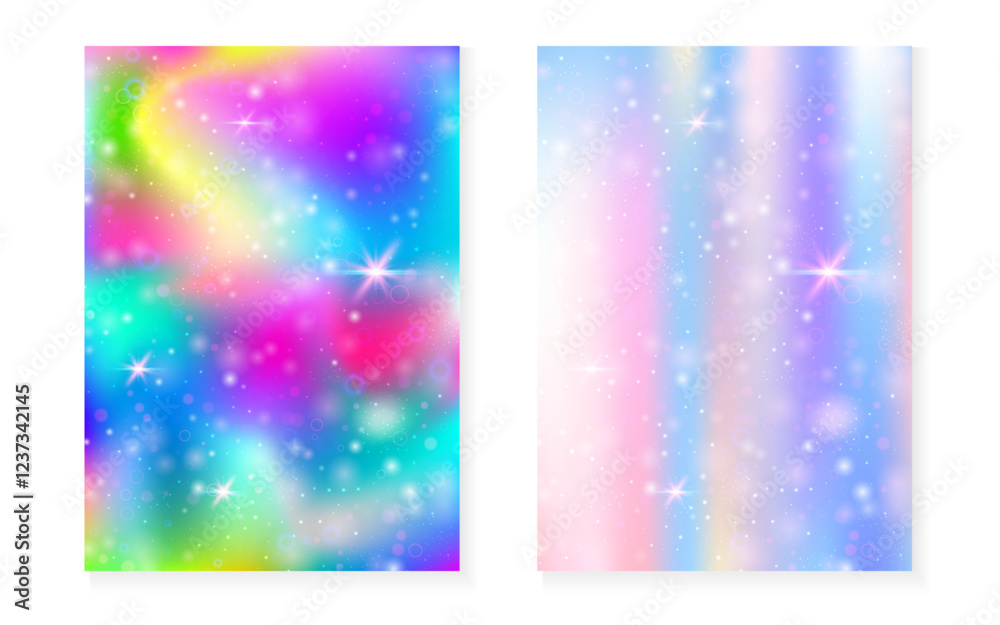 Magic background with princess rainbow gradient. Kawaii unicorn hologram.