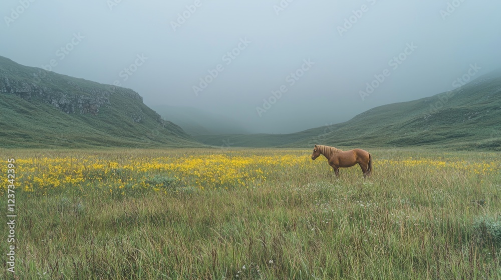 Lone horse in misty mountain valley meadow Lone horse in misty mountain valley meadow