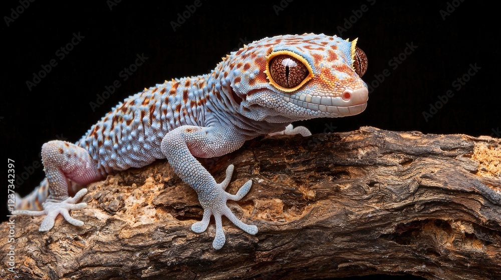 Naklejka premium Gecko on branch, studio shot, black background, reptile pet