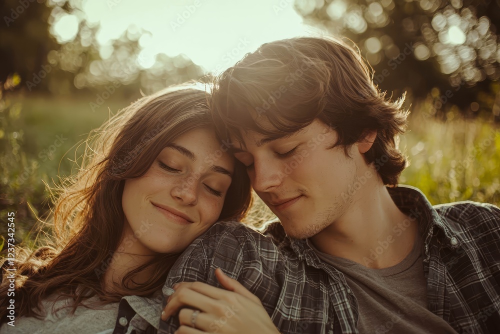 Fototapeta premium Romantic young couple in love relaxing outdoors in park.