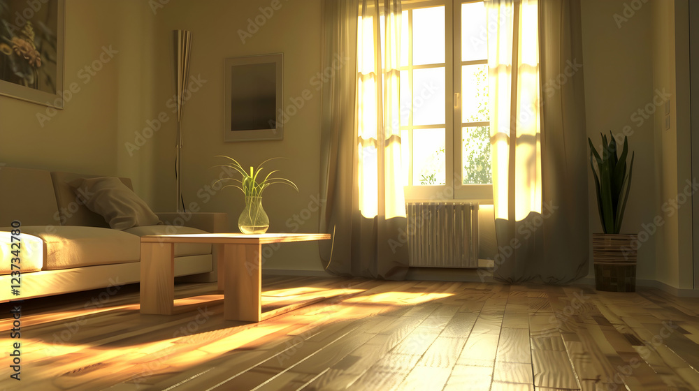 Fototapeta premium A sunlit living room with a cozy atmosphere and natural elements.
