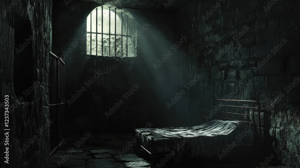 Obraz premium Dimly lit abandoned prison cell with rusty metal bedframe and sunlight streaming through a small barred window