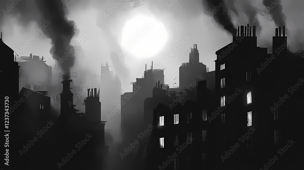 Obraz premium A moody cityscape with abstract, blurred buildings that evoke a sense of mystery and nostalgia in monochrome tones. Moody Monochrome. Illustration