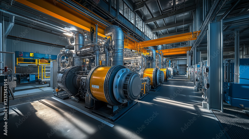 Fototapeta premium A panoramic view of multiple heat exchangers in an open factory setting, with clean, modern machines surrounding them and large overhead beams creating shadows that enhance the industrial feel