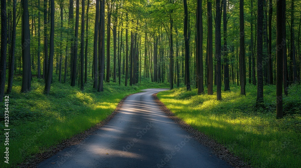 Sunlit forest road, winding path, green trees, dappled light, nature Sunlit forest road, winding path, green trees, dappled light, nature