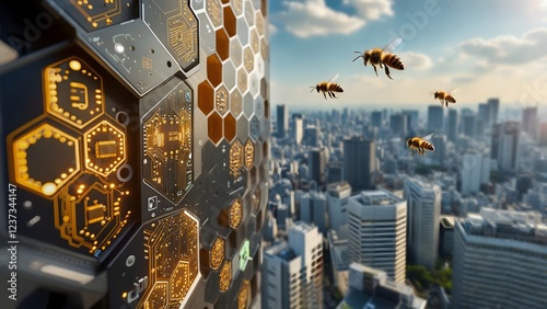 Robotic Honeycomb Technology Monitors Urban Bees in Modern City Skyline