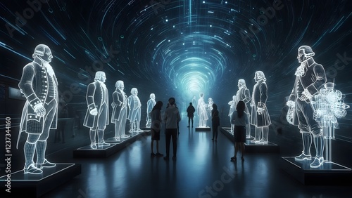 Museum Visitors Exploring Interactive Historical Hologram Exhibition of Colonial Era Figures