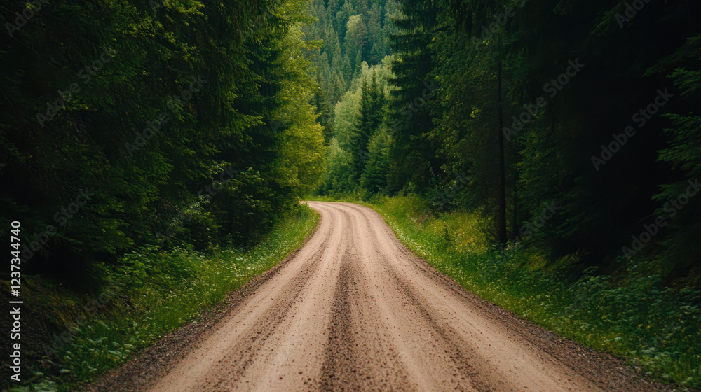 Fototapeta premium winding dirt road surrounded by lush green trees creates serene atmosphere, inviting exploration and adventure in nature