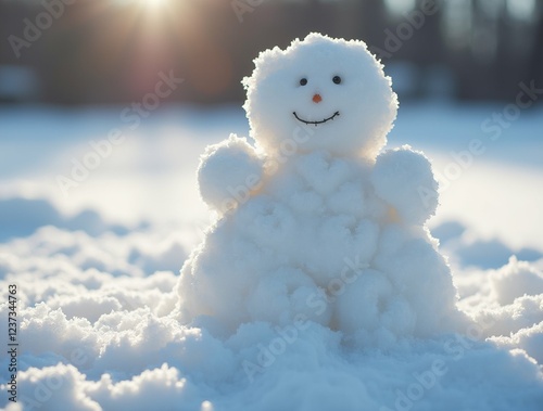 A cheerful snowman, sculpted from fresh snow, sits amidst a blanket of winter s white. photo