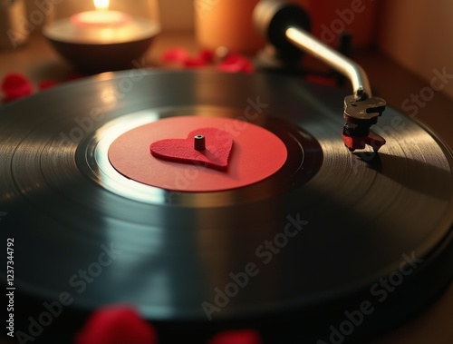 A vintage record player, adorned with a heart-shaped sticker, spins a love song.