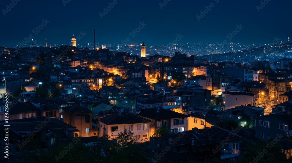 A panoramic view of Istanbul at night, showcasing the historical landmarks like the Galata Tower and the Blue Mosque. The city lights create an enchanting atmosphere with a backdrop of modern building A panoramic view of Istanbul at night, showcasing the historical landmarks like the Galata Tower and the Blue Mosque. The city lights create an enchanting atmosphere with a backdrop of modern building