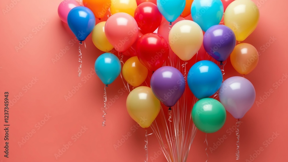 floating colorful balloons on pastel red background floating colorful balloons on pastel red background