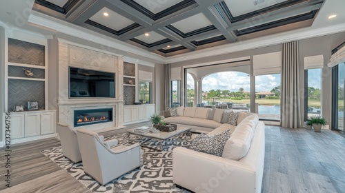 Luxury Waterfront Living Room with Fireplace and Stunning Views