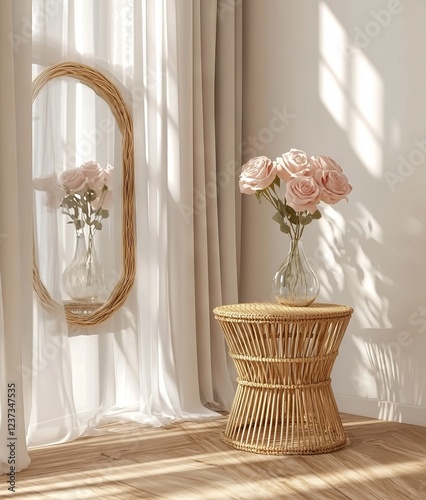 Elegant Gold Rattan Table with Mirror and Pink Roses in Bright Room. AI generated illustration
