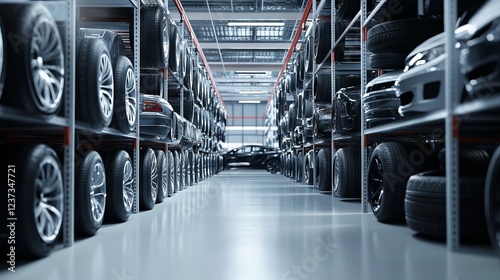 Modern Car Tire Shop with Stacked Tires and Cars on White Floor. AI generated illustration