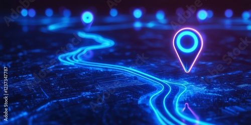 Digital Map with Neon Location Pins, AI generated illustration