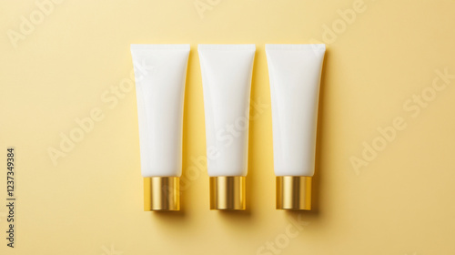 Minimalist white tubes with gold caps arranged on yellow background, perfect for skincare or cosmetic products. elegant design enhances any beauty collection photo