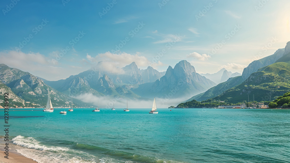 Sailboats in Turquoise Bay Majestic Mountain Landscape Sailboats in Turquoise Bay Majestic Mountain Landscape