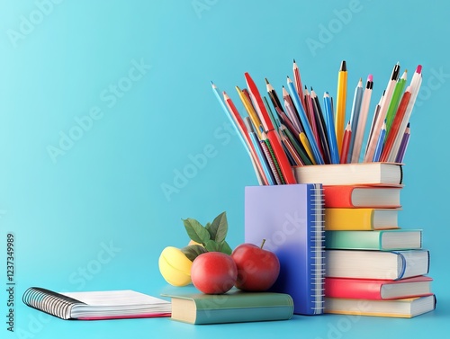 Realistic Photo of School Supplies and Books Prepared for Back to School with Blue Background - AI generated illustration