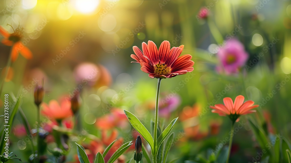 A vibrant flower stands out among a colorful garden, illuminated by soft sunlight. A vibrant flower stands out among a colorful garden, illuminated by soft sunlight.