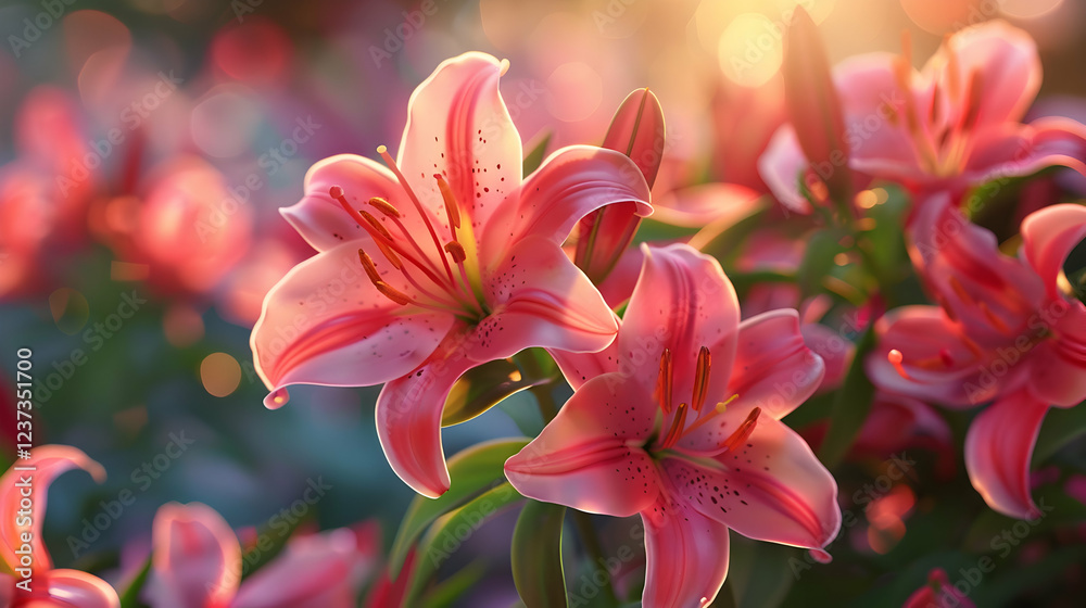 Fototapeta premium A close-up view of vibrant pink lilies in a sunlit garden.