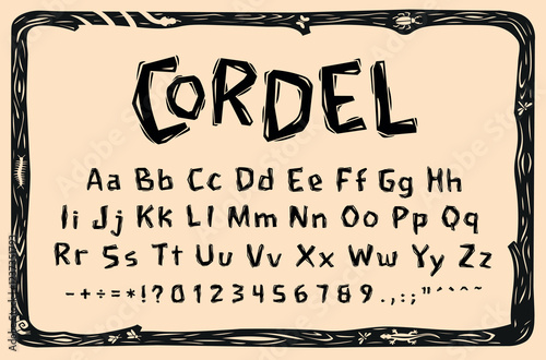 Collection of uppercase and lowercase letters in the style of Brazilian Cordel. Complete font of letters and numbers. Vector illustration.eps