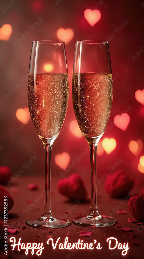 Two elegant champagne flutes filled with sparkling drink stand together on a table adorned with rose petals. Heart-shaped lights create a romantic atmosphere, perfect for celebrations Two elegant champagne flutes filled with sparkling drink stand together on a table adorned with rose petals. Heart-shaped lights create a romantic atmosphere, perfect for celebrations