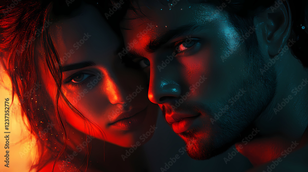 A man and woman with strong facial features, glowing skin, and intense stares. their faces are close, framed by soft lighting, highlighting their eyes. Cinematic Frame. Illustration A man and woman with strong facial features, glowing skin, and intense stares. their faces are close, framed by soft lighting, highlighting their eyes. Cinematic Frame. Illustration