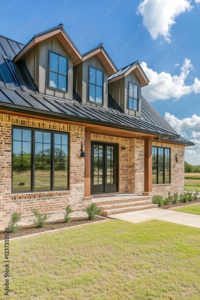 Discover a delightful modern farmhouse that boasts a rustic brick exterior, perfectly nestled in a tranquil landscape beneath a bright blue sky Discover a delightful modern farmhouse that boasts a rustic brick exterior, perfectly nestled in a tranquil landscape beneath a bright blue sky