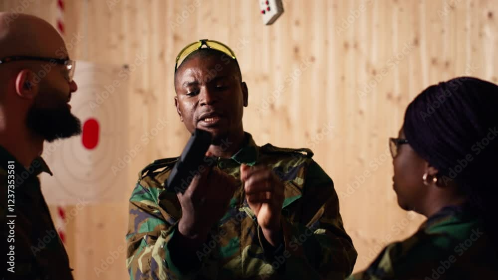 Video Stock Army commander talking with recruits in shooting gallery ...