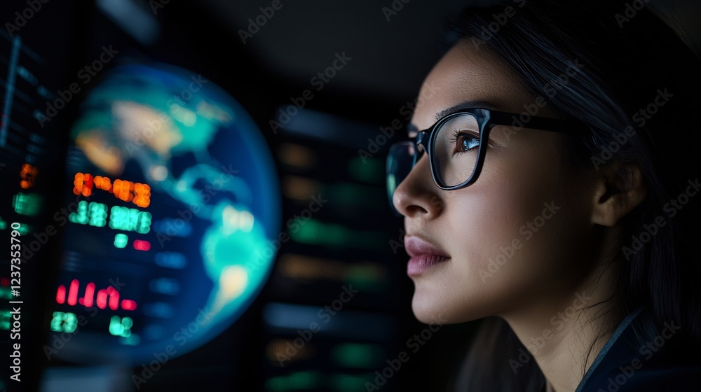 Focused Businesswoman Analyzing Global Data on Futuristic Screens